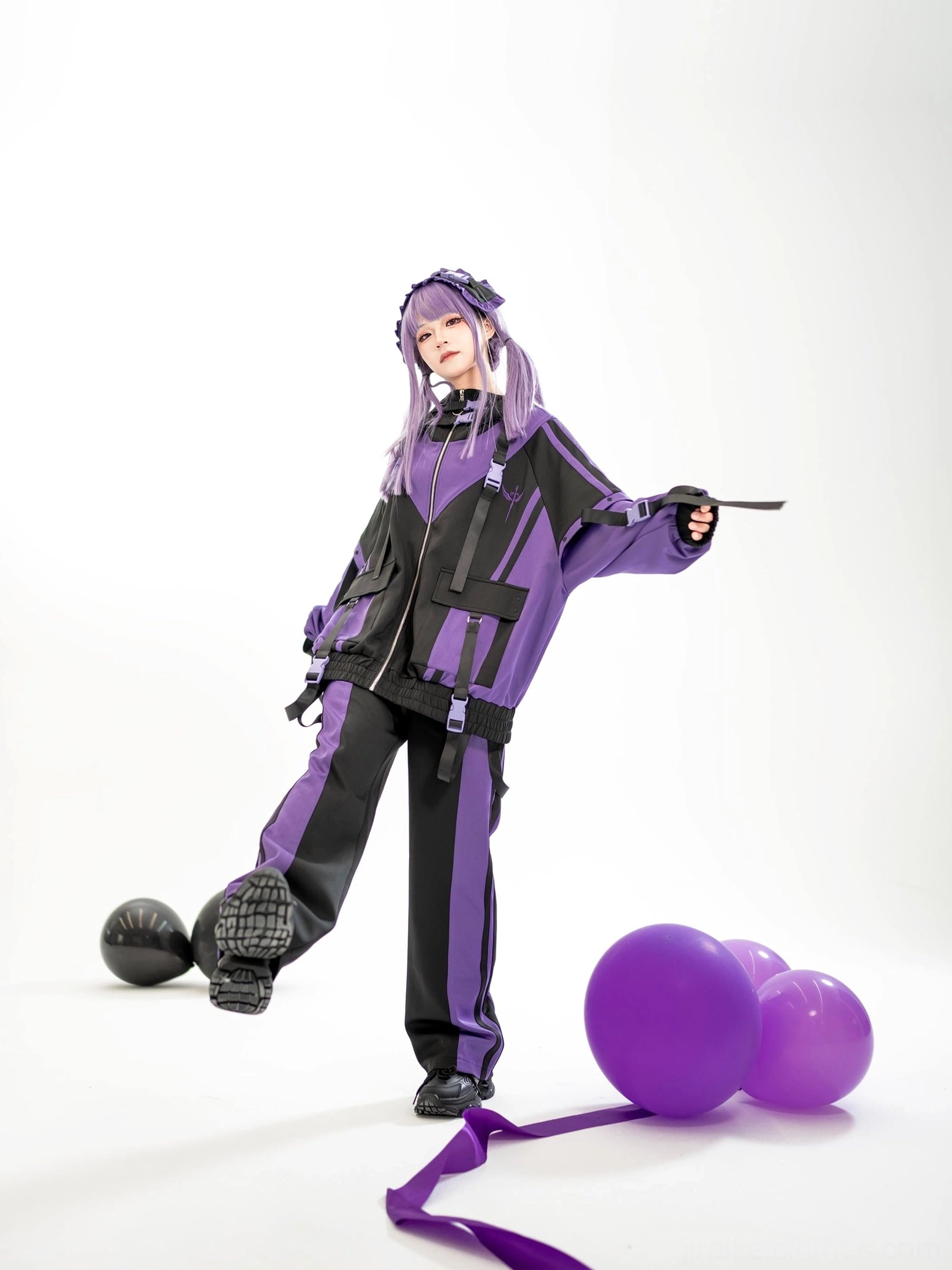 Purple-black techwear sporty outfit set cargo-style jacket and pants with purple lolita headwear studio balloons