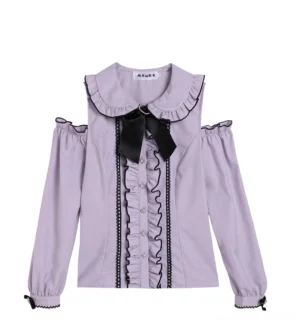 Purple cold-shoulder Jirai Kei blouse with peter pan collar and delicate ruffled trim details front view flat lay
