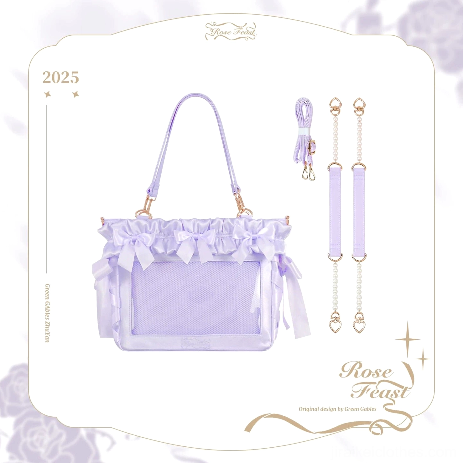 Purple Jirai Kei 14 inch laptop itabag color variant front display clear window showing character badge collection and decorative bows