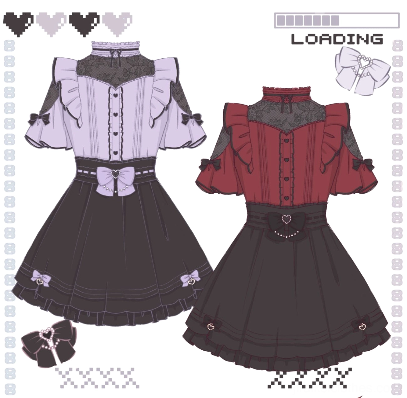 Purple jirai kei lace-shoulder blouse with black detachable bows and skirt combination featuring rhinestone cross pendant and ruffled design elements