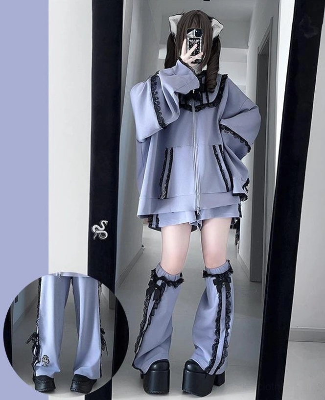 Light purple oversized Jirai Kei hoodie with zipper pockets and ruffled lace leg warmers, half-body selfie with close-up detail inset, brown ear headband accessory