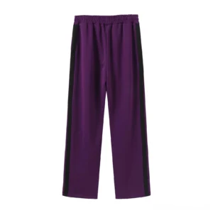 purple jirai kei elastic waist pants flat lay front view black side stripes aesthetic