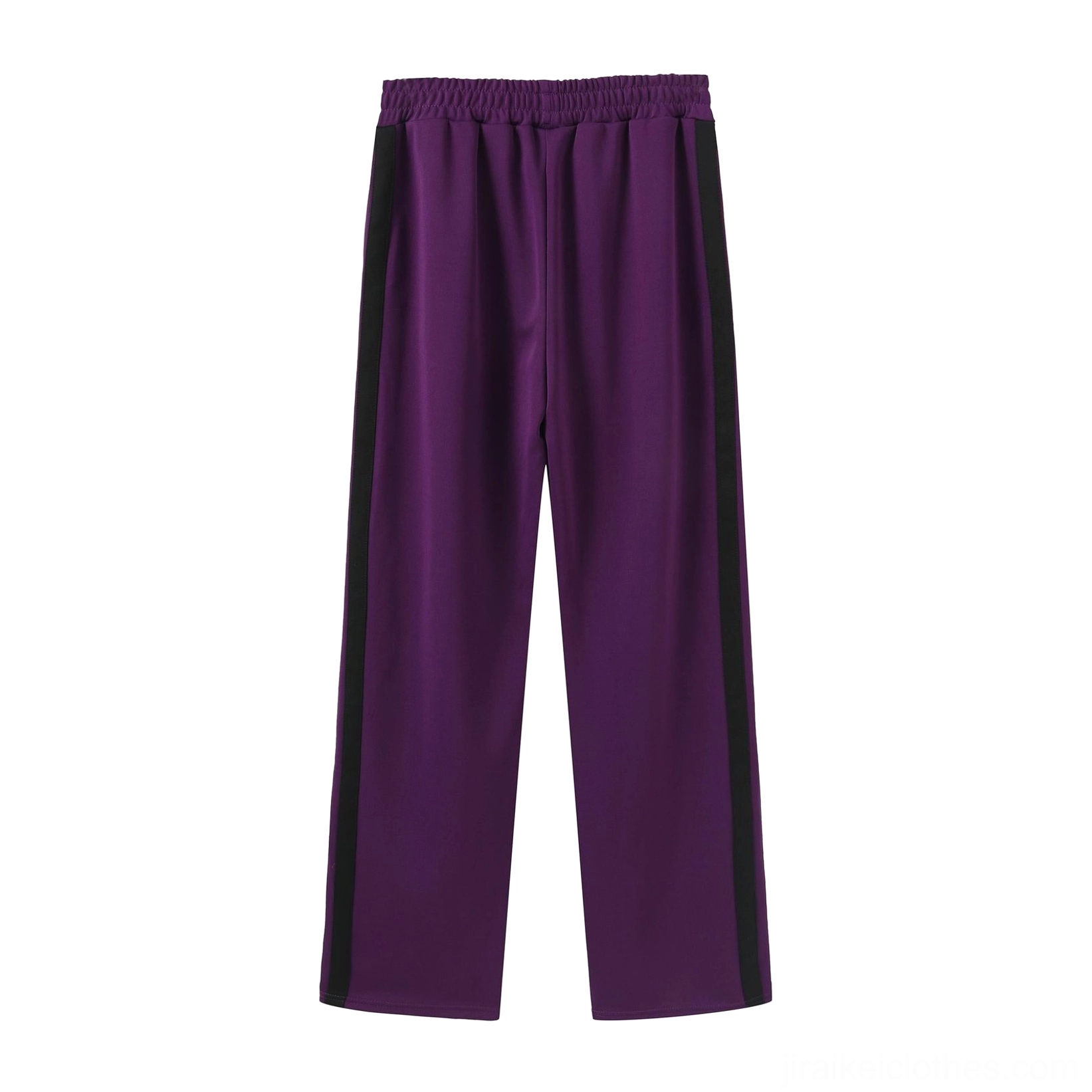purple jirai kei elastic waist pants flat lay front view black side stripes aesthetic