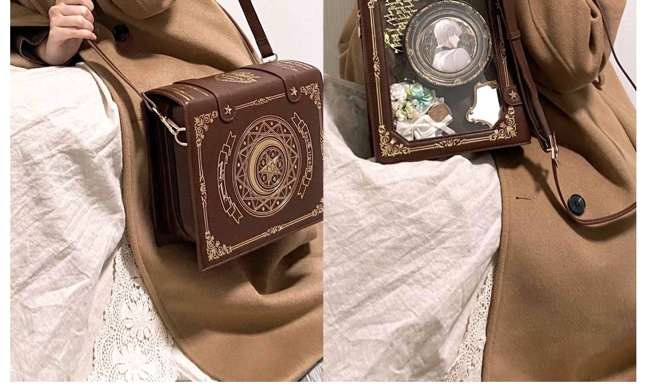 Purple vintage grimoire Jirai Kei ita crossbody bag with gold antique border flat lay product photography