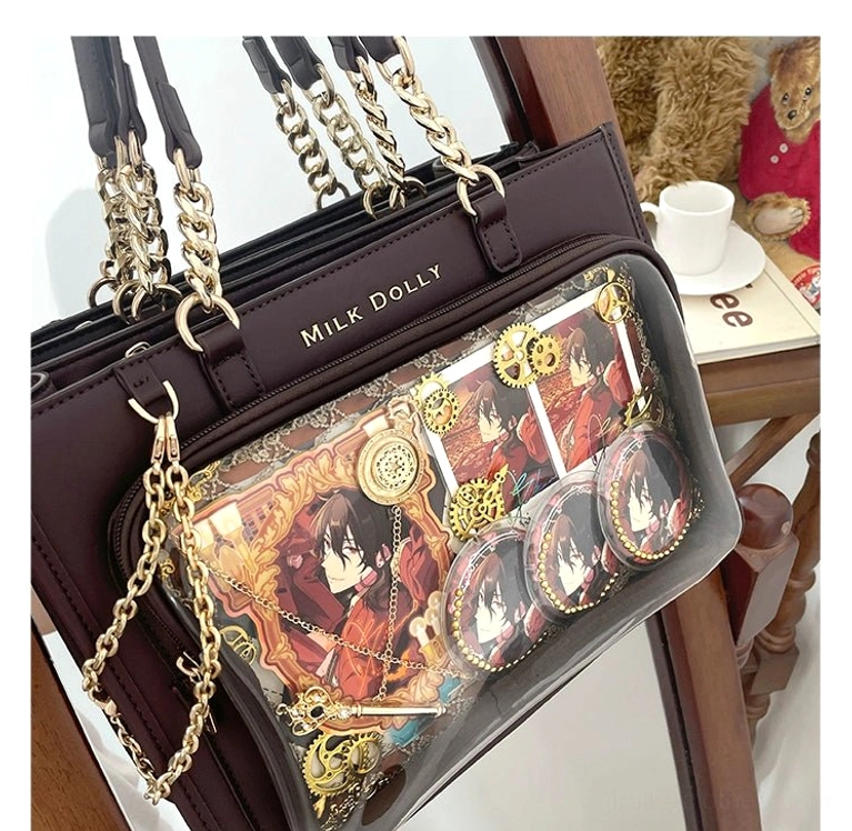 Rainbow anime merchandise displayed in checkered ita bag showing colorful collection arrangement harmony