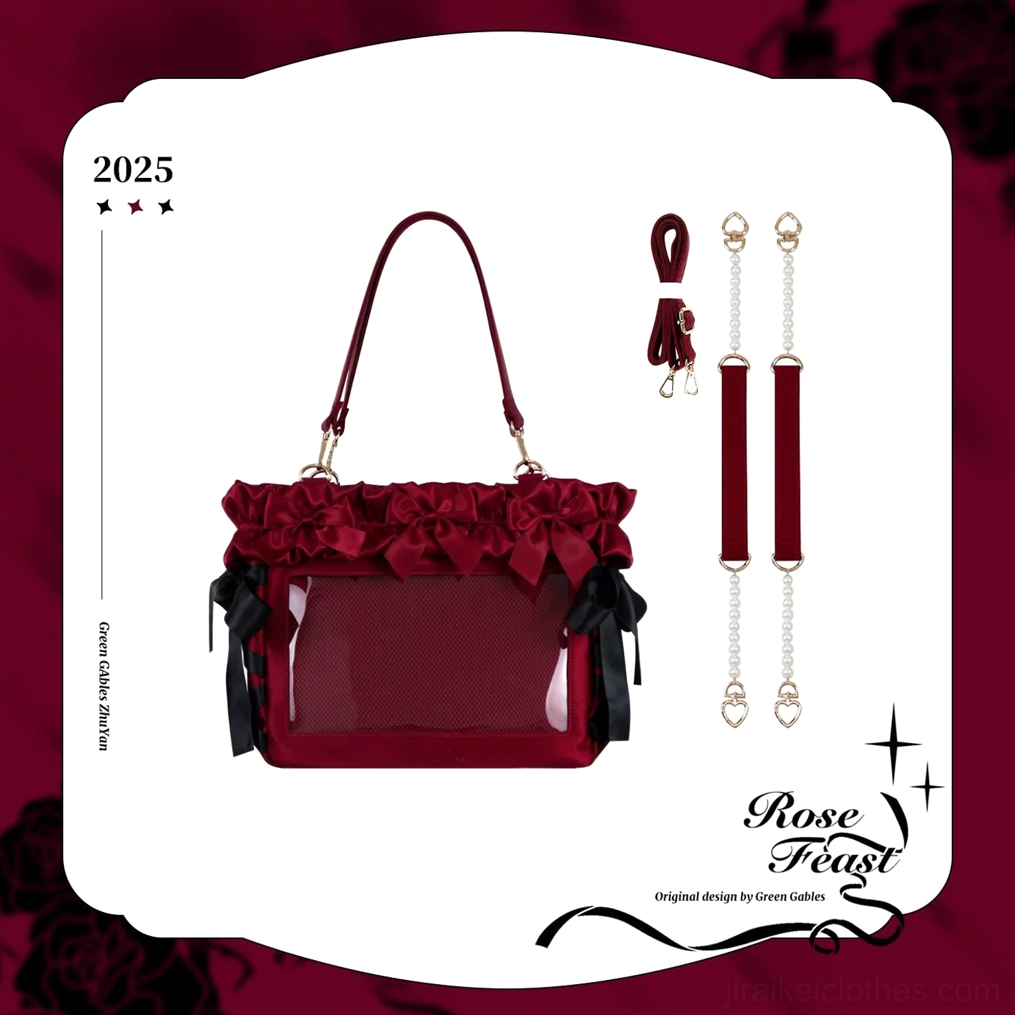Red and black Jirai Kei itabag front display view with crimson ruffles black satin accents clear window showing character pin collection