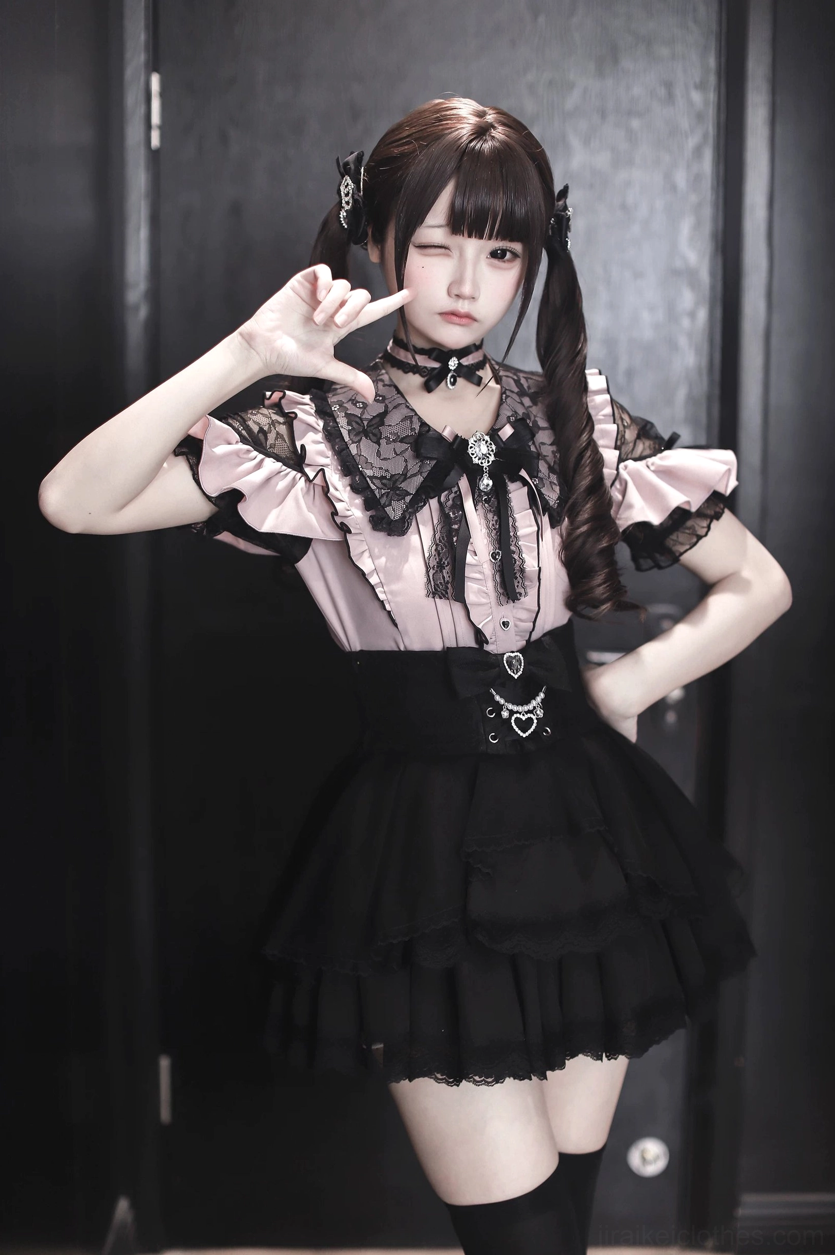 Red and black Jirai Kei ruffle blouse with lace trim styled with floor backpack and black loafers