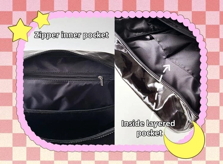 Red-black plaid star ita backpack styled for photo shoot with anime sticker collection display