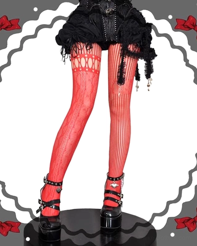 Red asymmetric gothic lolita fishnet pantyhose with geometric stripe lace full leg front view studio photography display
