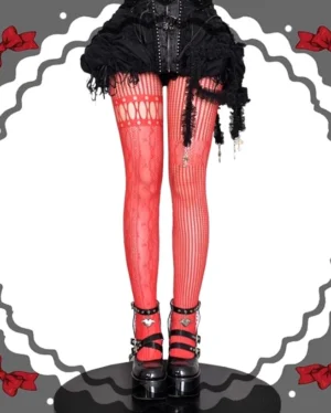 Red asymmetric gothic lolita fishnet tights with geometric stripe lace design front leg display studio photography