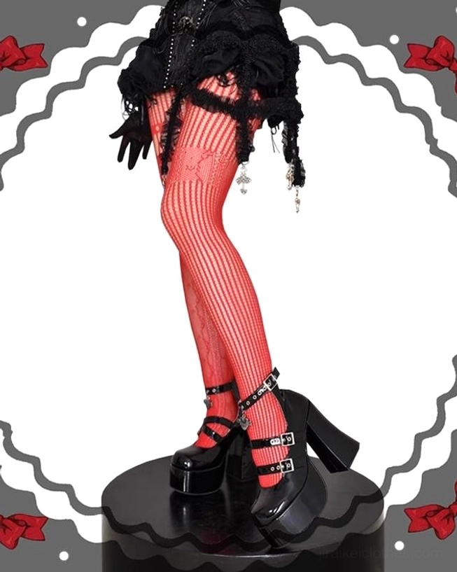 Red asymmetric fishnet gothic lolita pantyhose side leg view with platform heel shoes and vertical stripe mesh pattern