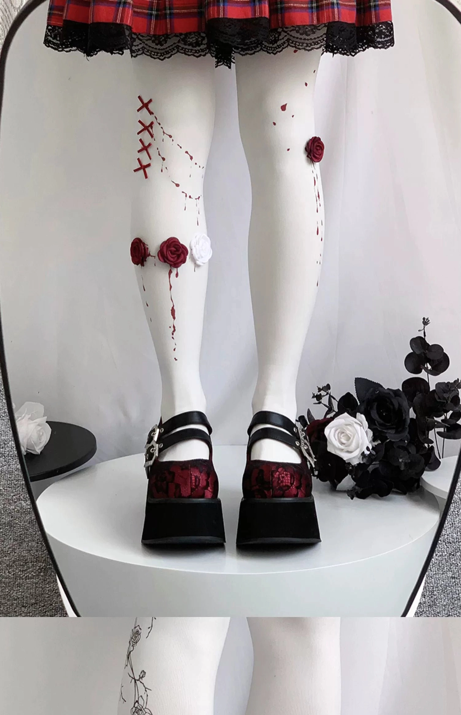 Mary Jane platform shoes red lace variant showing vibrant crimson upper dual silver buckles and round toe silhouette side view
