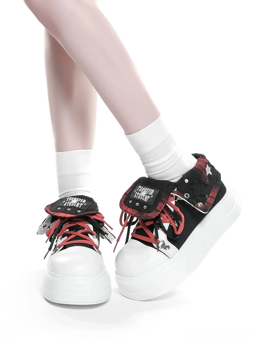 Rear view of red lace platform high-top Jirai Kei sneaker on model legs wearing white socks showing foldable plaid collar design and platform elevation