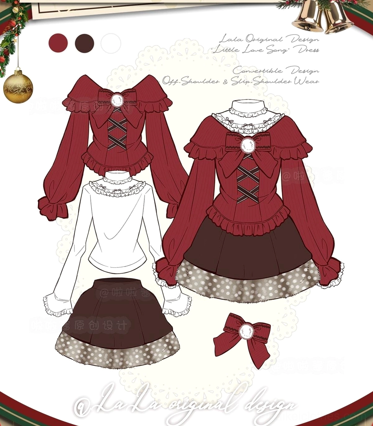 Red off-shoulder sweater detail shot featuring dramatic flared long sleeves, white fuzzy pom-pom embellishments, and chest bow decoration for jirai kei styling