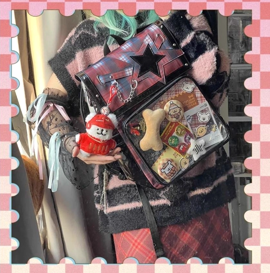 Red plaid star ita backpack side view model carrying with multiple plush charms and anime sticker display