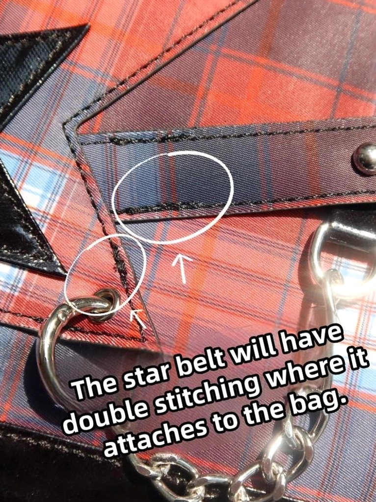 Red tartan star ita backpack outdoor convention setting with model wearing and badge showcase