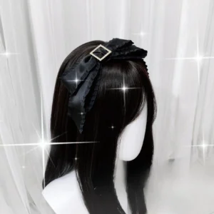 Ribbon Black satin bow headband with ruffled edges and square rhinestone buckle Jirai Kei style