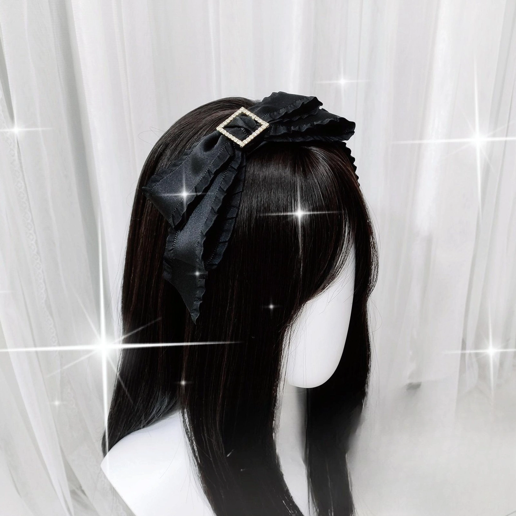 Ribbon Black satin bow headband with ruffled edges and square rhinestone buckle Jirai Kei style
