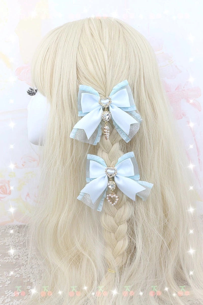 Romantic pink bow hair clips with crystalline heart pendants and pearl embellishments - J-fashion accessory