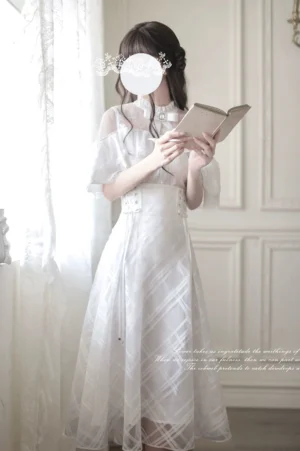 Ethereal white Ryousangata midi dress side view sheer lace sleeves high waist vintage interior Jirai Kei aesthetic