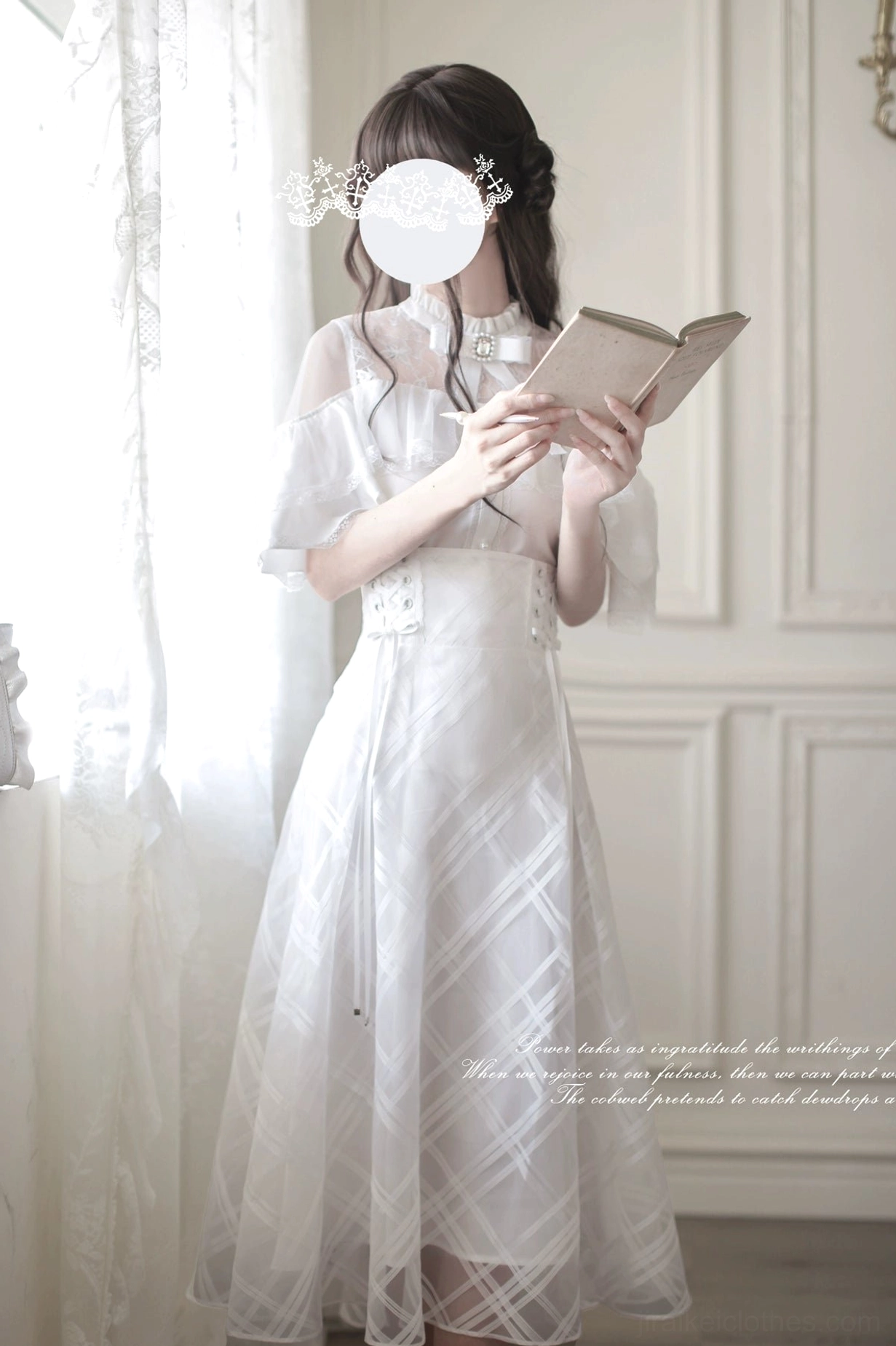Ethereal white Ryousangata midi dress side view sheer lace sleeves high waist vintage interior Jirai Kei aesthetic