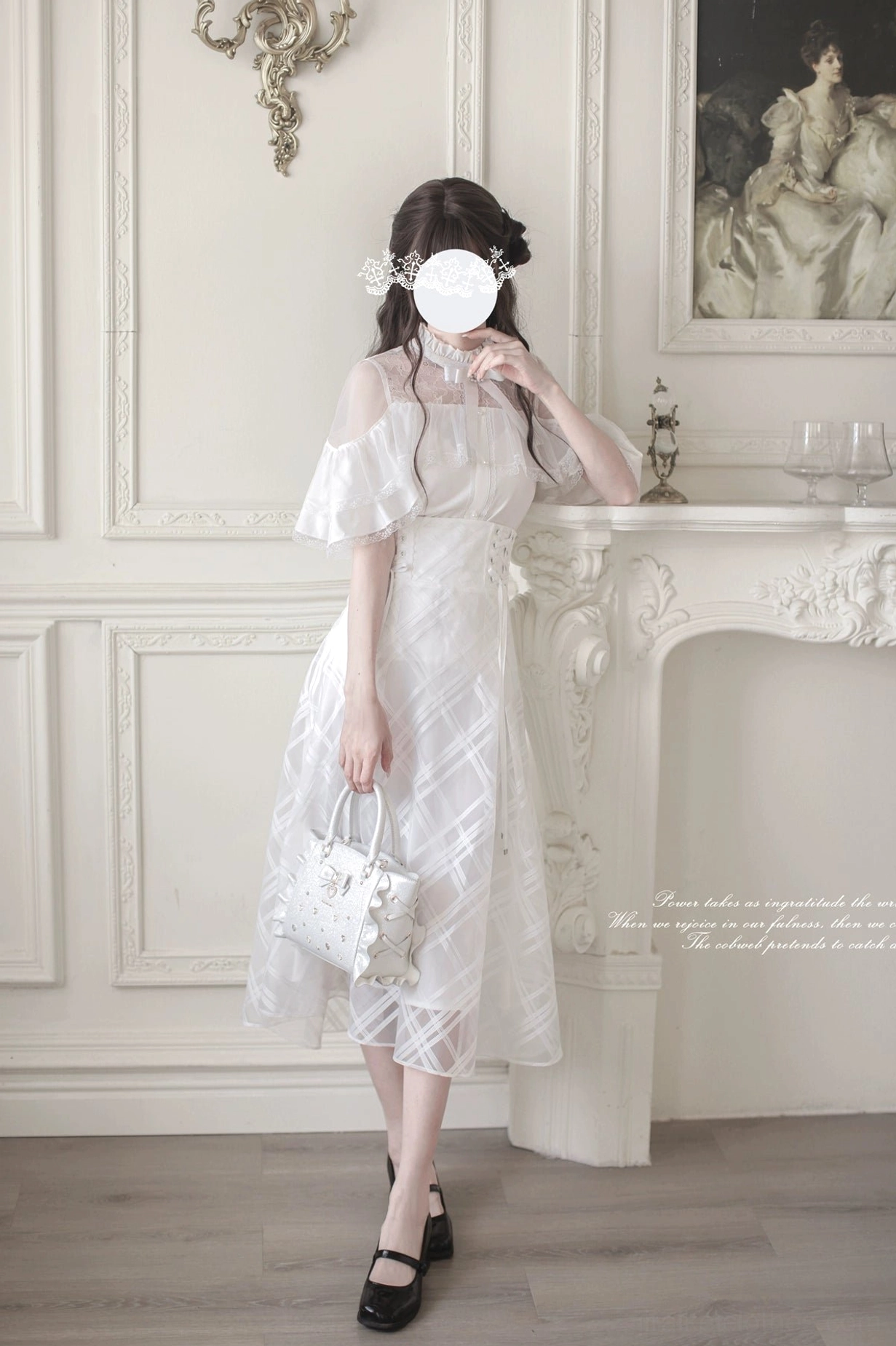 White formal Ryousangata midi dress front side view flutter sheer sleeves plaid mesh skirt black platform Mary Jane shoes fireplace vintage room