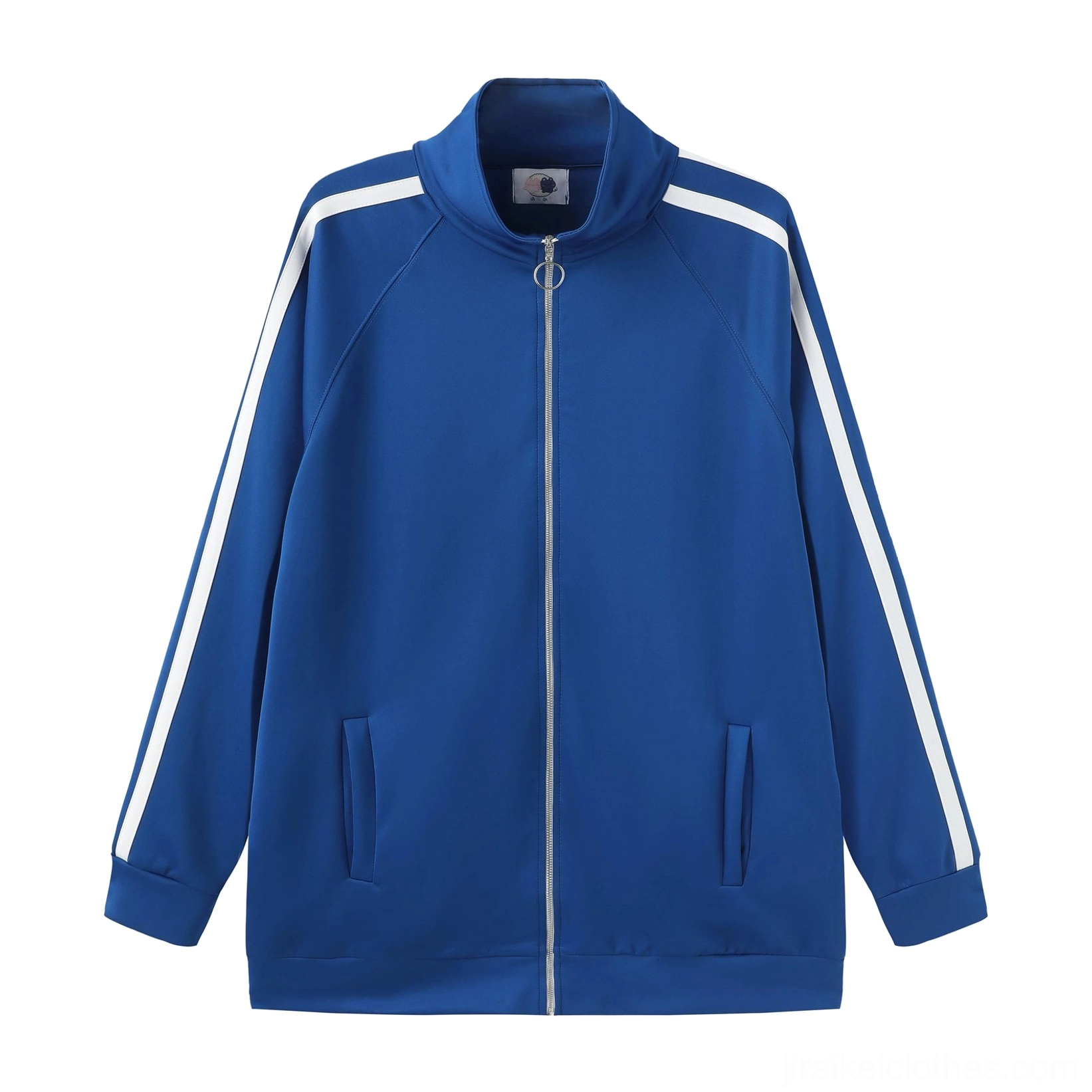 Royal blue sports track jacket flat lay front view full zipper white side stripes two front pockets