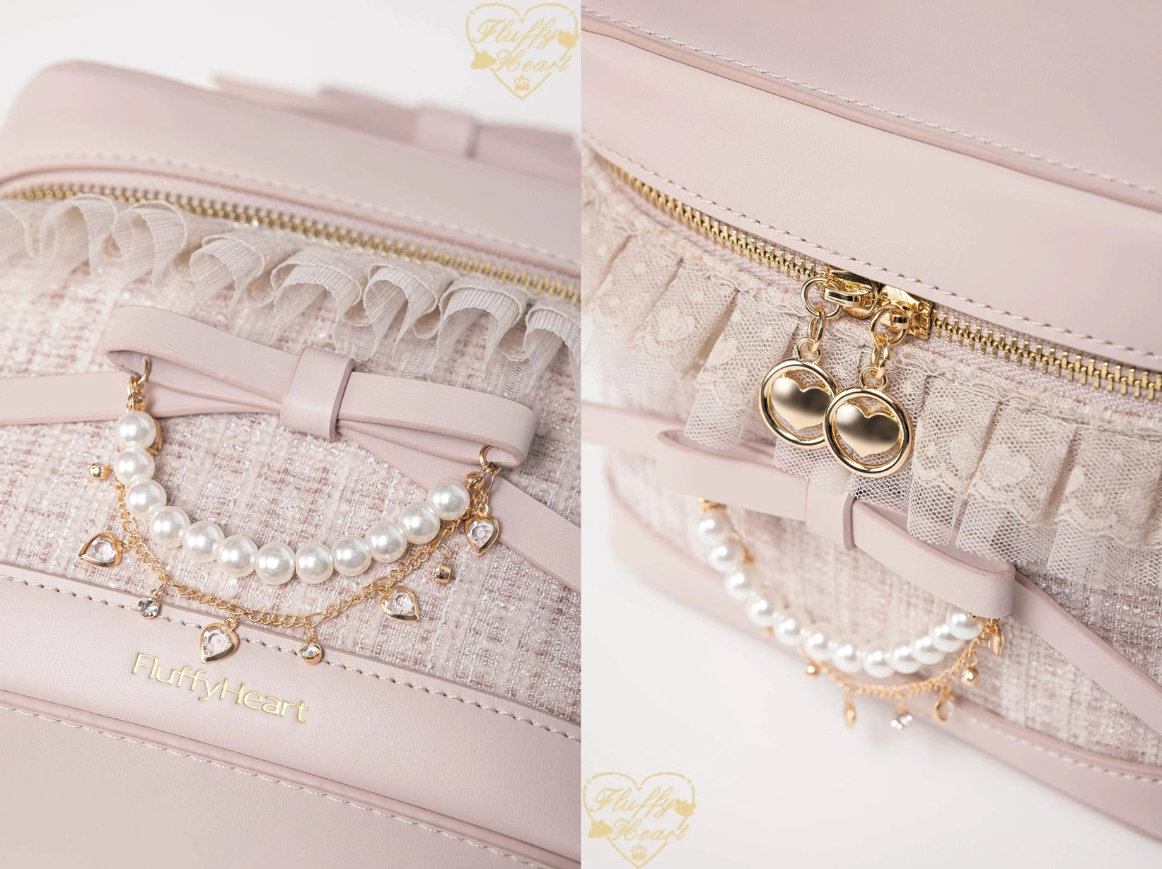 Light pink Ryousangata bucket bag close-up details bow decoration artificial pearl chain embellishment