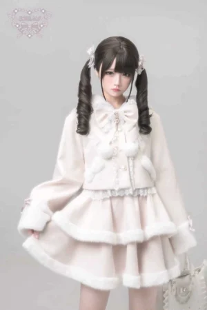 Ryousangata lolita coat without bunny hood showing removable bow collar, front full-body view with tiered ruffle skirt and fur cuffs, Jirai Kei coordinate set standing pose