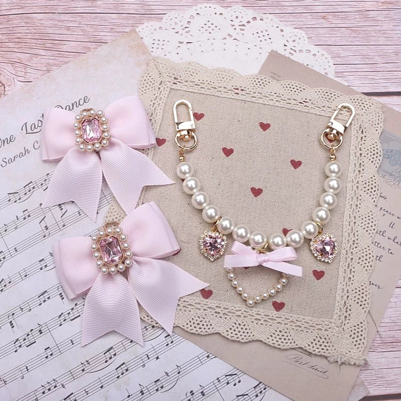 Ryousangata grayish-pink bow charm Jirai Kei aesthetic satin fabric rhinestone decoration
