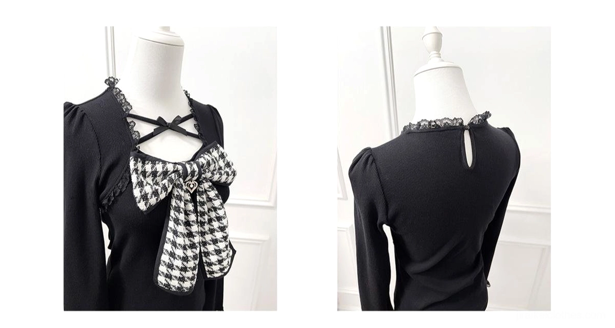 Ryousangata Jirai Kei black houndstooth knit top mannequin back view lace trim neckline bow detail