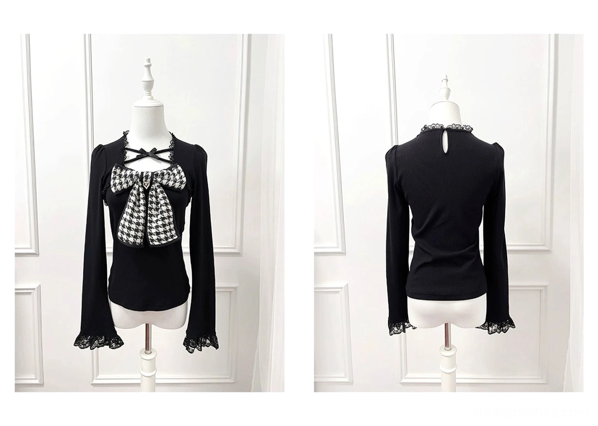 Ryousangata Jirai Kei black houndstooth knit top mannequin front view cross strap neckline lace cuffs