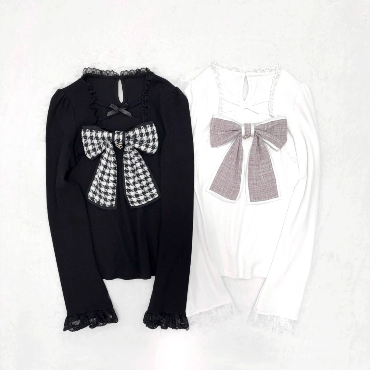 Ryousangata Jirai Kei knit tops flat lay display black houndstooth and white plaid chest bows lace trim