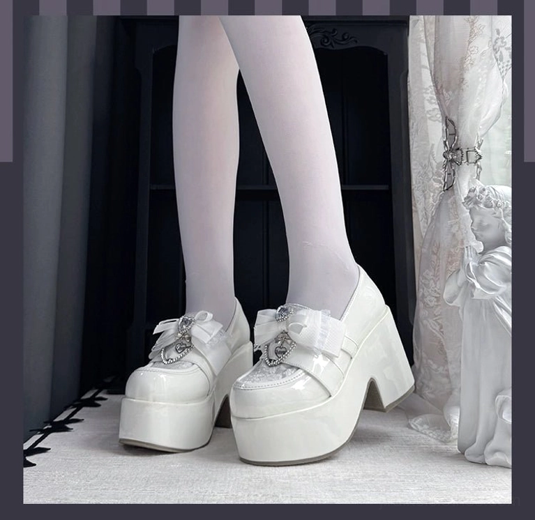 Ryousangata Jirai Kei platform loafers detailed view of lace toe overlay and rhinestone buckle strap embellishment on black colorway