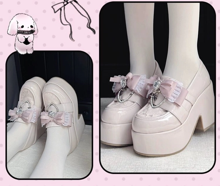 Ryousangata Jirai Kei platform loafers split view showing flat lay and on-foot styling with heart rhinestone buckles and satin bows, cute cartoon decorated aesthetic