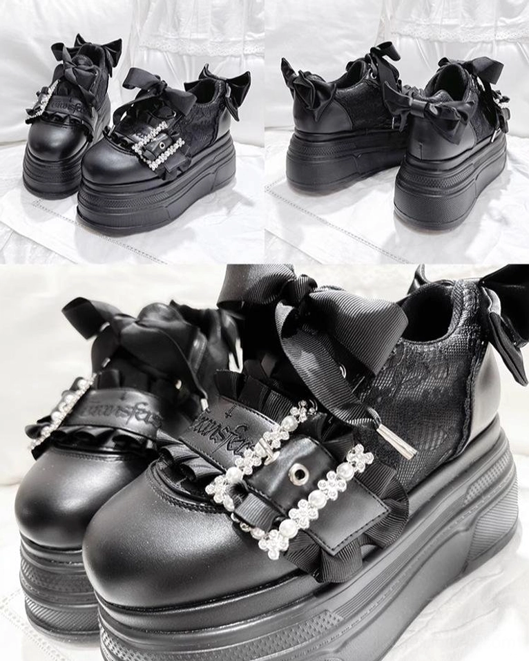 Black Ryousangata platform shoes multi-angle flat lay on white tabletop, showing rhinestone buckle strap, satin back bow and product construction details