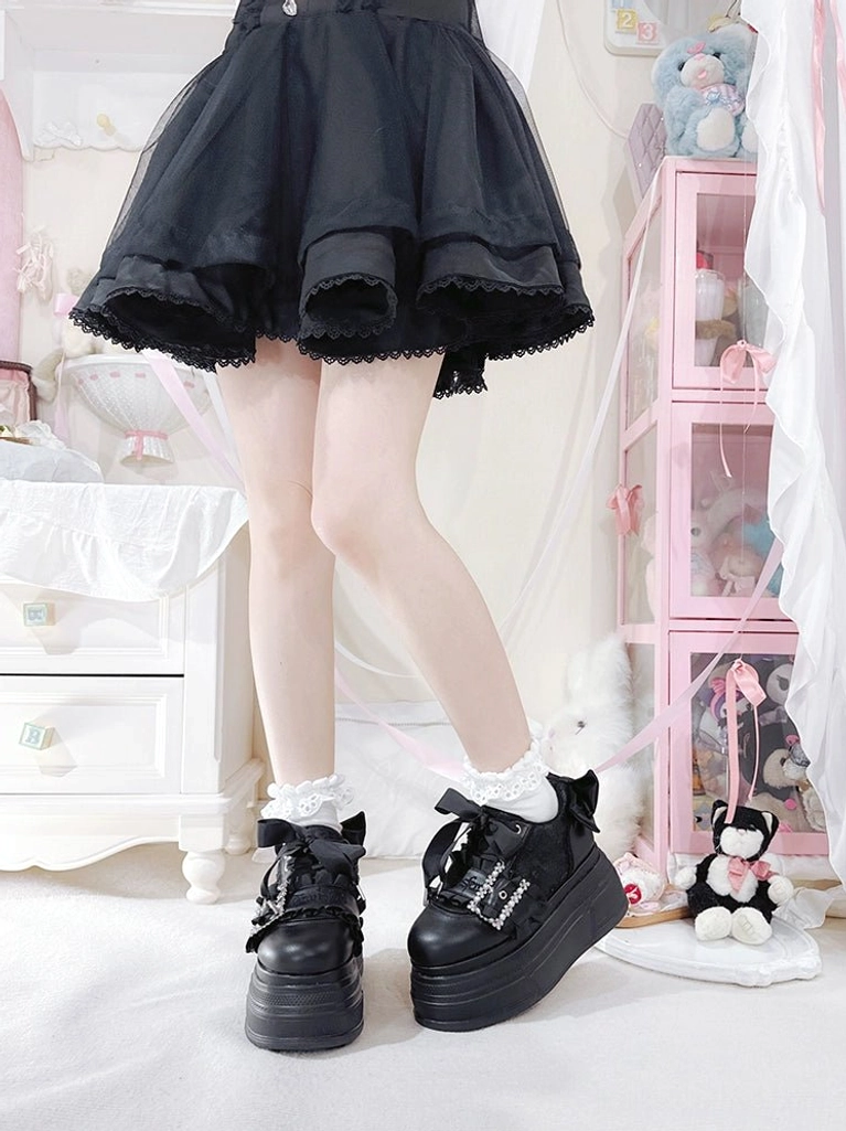 Ryousangata platform shoes delicate upper decorations pearl-like rhinestones satin bow charm