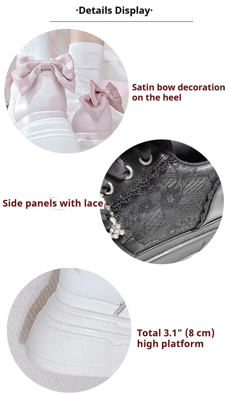 Ryousangata platform shoes product detail display in circular close-up views, showing 3.1 inch 8 centimeter high platform, lace side panels and satin bow