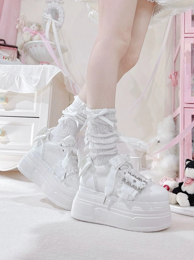 Ryousangata platform shoes front toe box view showing rhinestone buckle strap and lace panel details