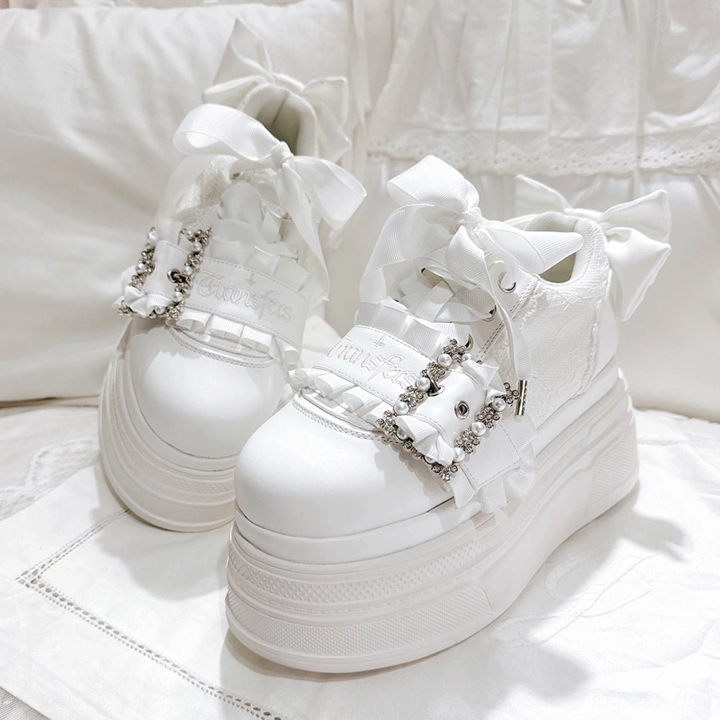 Ryousangata Jirai Kei platform shoes matte white color option satin bow heel rhinestone buckle