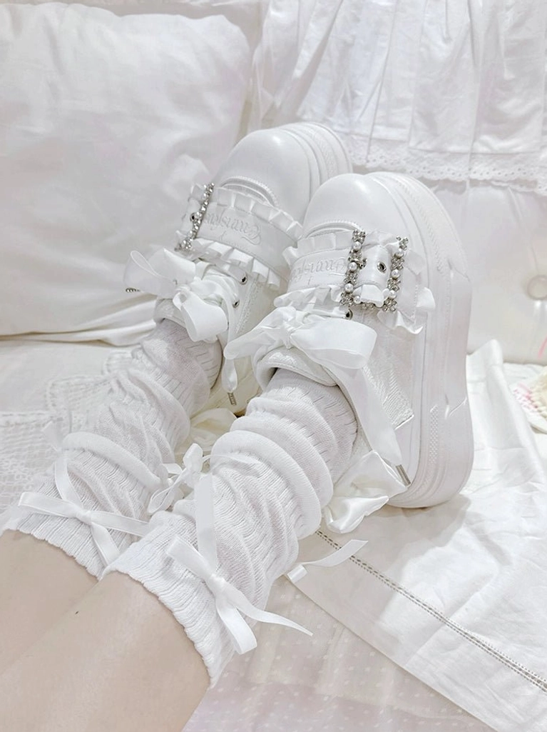Ryousangata Jirai Kei platform shoes side profile showing satin bow heel and rhinestone buckle strap decoration