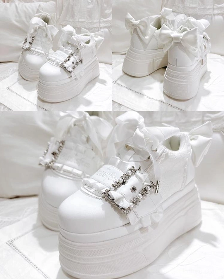 White Ryousangata platform shoes multi-angle flat lay on white fabric surface, featuring rhinestone buckle, satin heel bow and detailed product shots