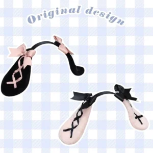 Ryousangata Jirai Kei rabbit ear hairband flat lay display showing both black and pink color variants with crisscross ribbon and satin bows against checkered background