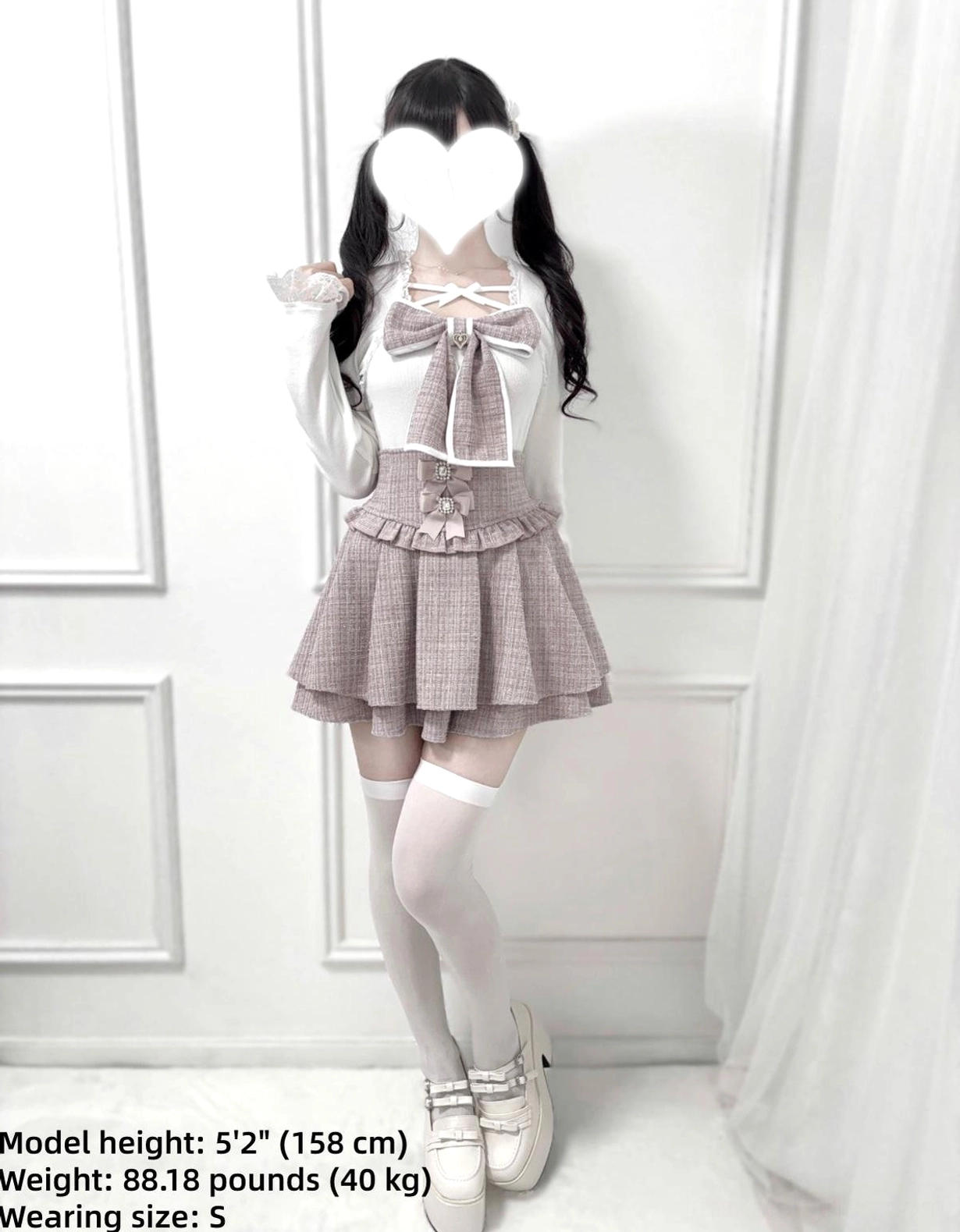Ryousangata Jirai Kei knit top white plaid bow back view full-body thigh-high stockings model