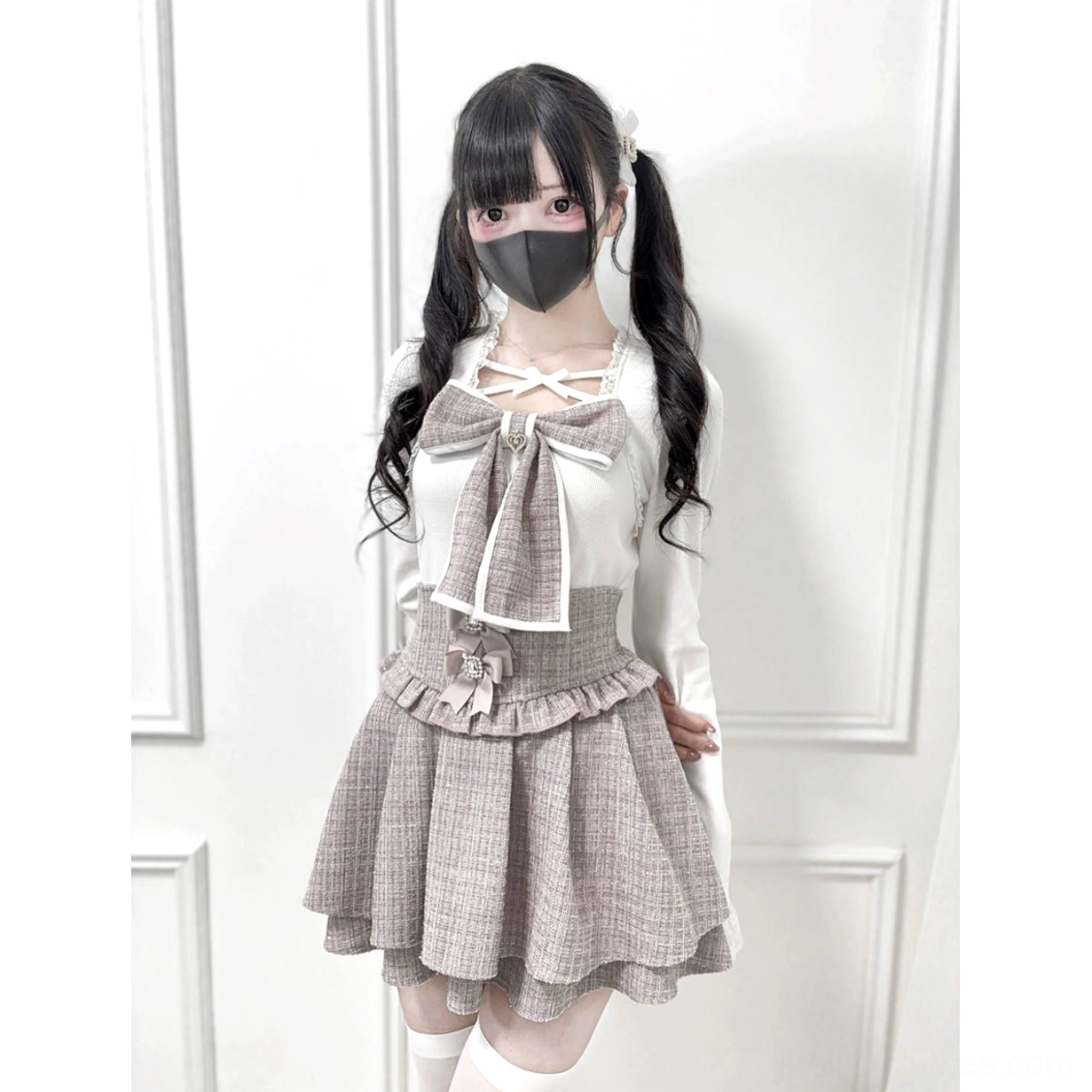 Ryousangata Jirai Kei knit top with white plaid chest bow full-body front view ruffled skirt detail