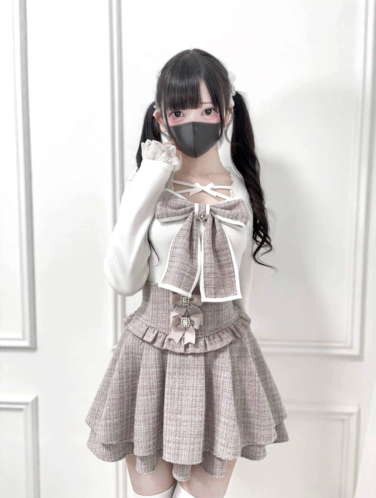 Ryousangata Jirai Kei knit top with white plaid chest bow and ruffled skirt full-body front view on model