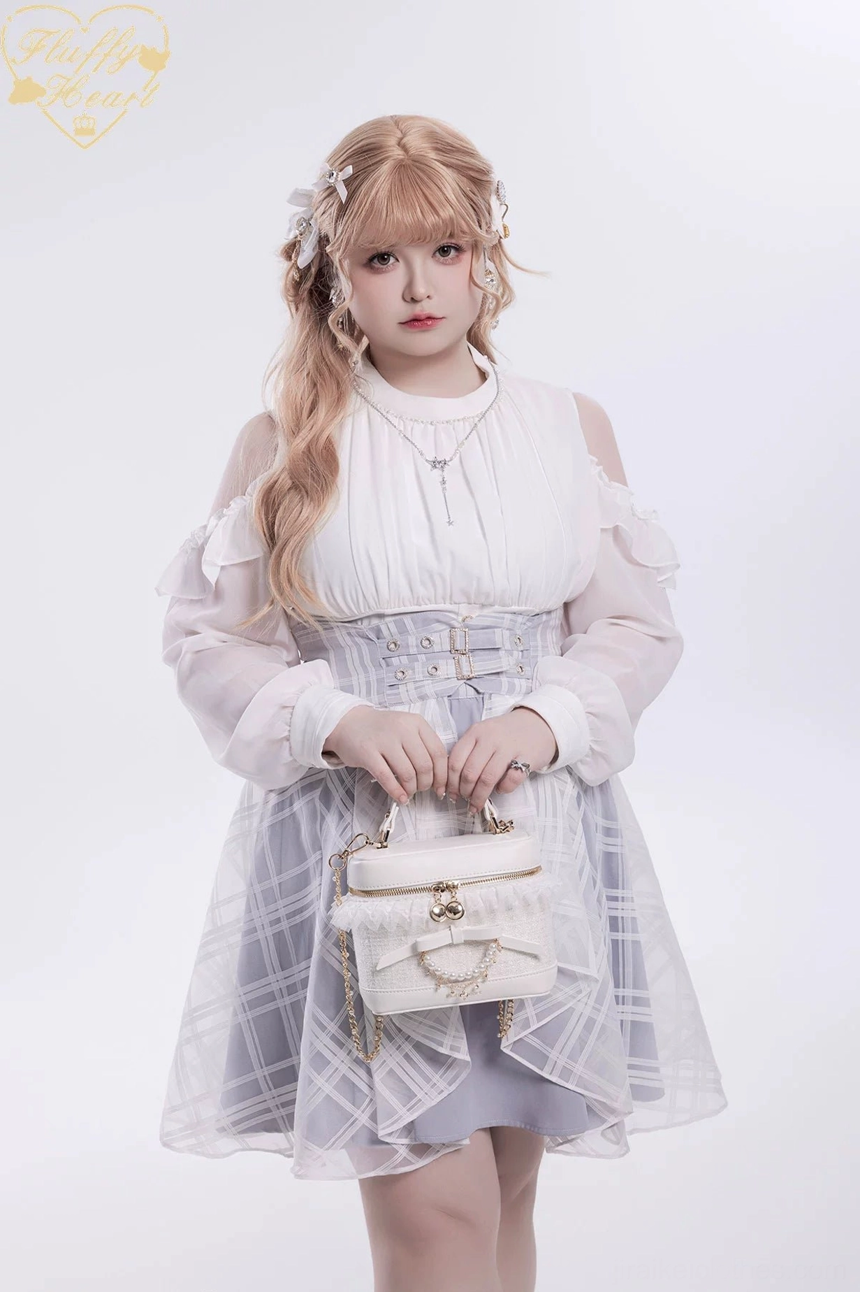 Off-white Ryousangata bucket bag worn with cold-shoulder blouse and tulle skirt Jirai Kei fashion