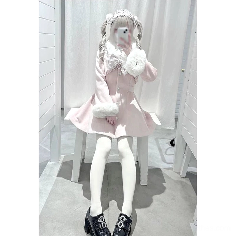 Pink Jirai Kei Ryousangata winter coat front selfie angle indoor studio setting white curtains removable faux fur trim lace decorations white tights black platform shoes
