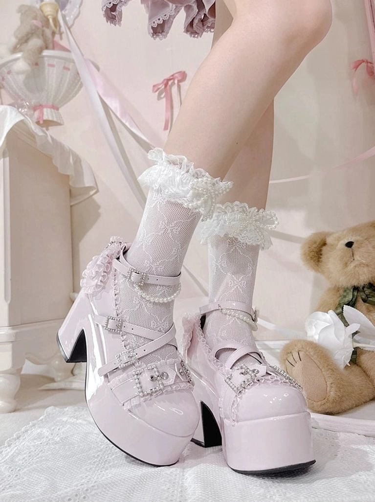 Ryousangata platform heels color comparison all three variants patent leather pink white black with rhinestone buckles side by side