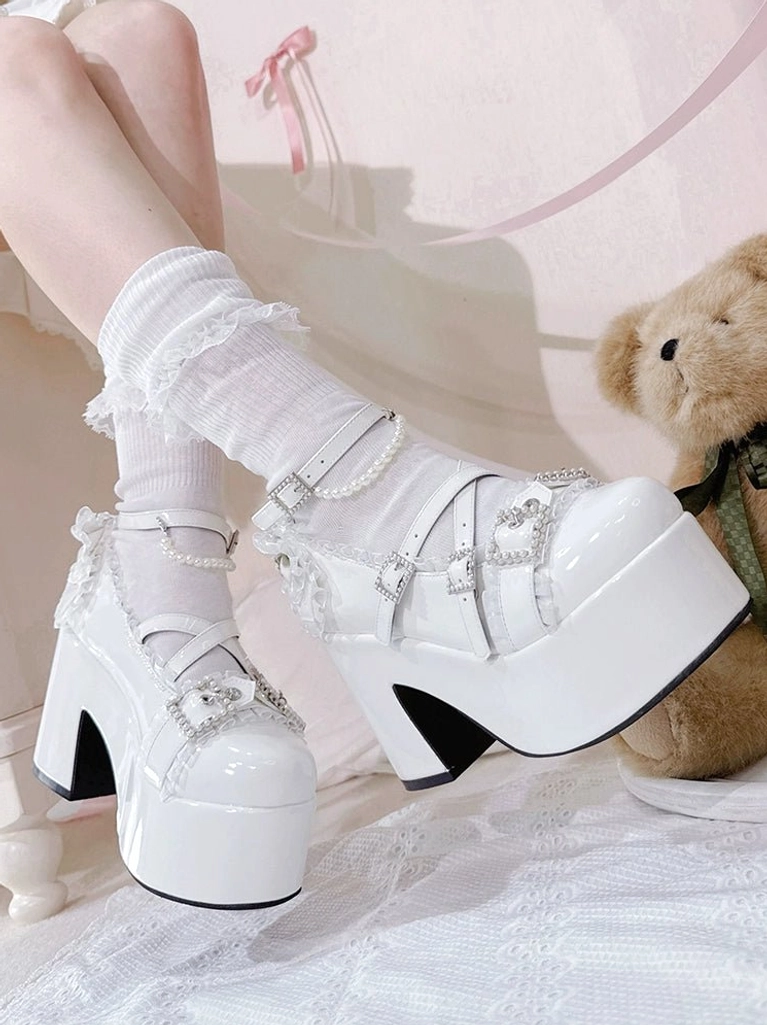 Ryousangata platform heels size guide measurement reference showing front and back heel height specifications